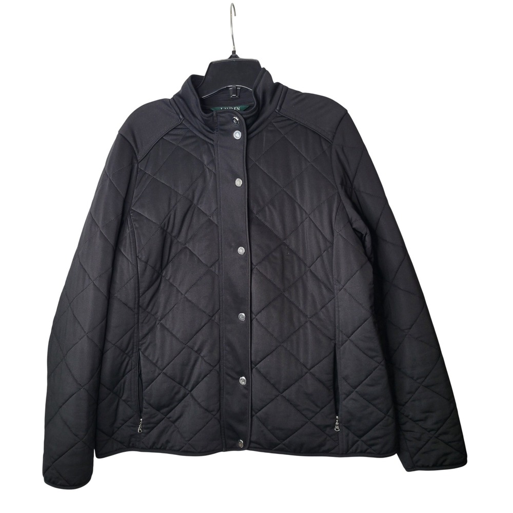 Lauren Ralph Lauren Black Quilted Mock Neck Jacket Snap Front‎ Womens XL Preppy